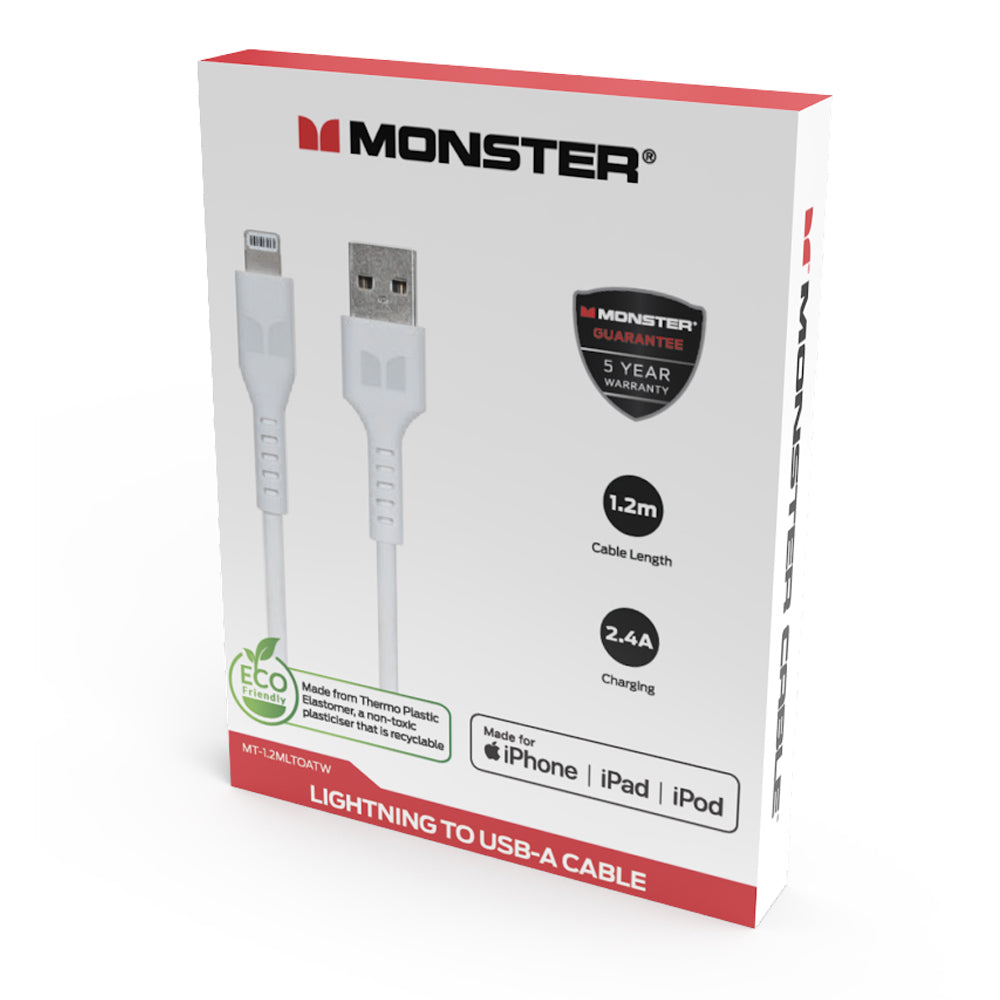 Monster TPE 1.2M Lightning to USB-A WHT Phone Charging/Sync Cable