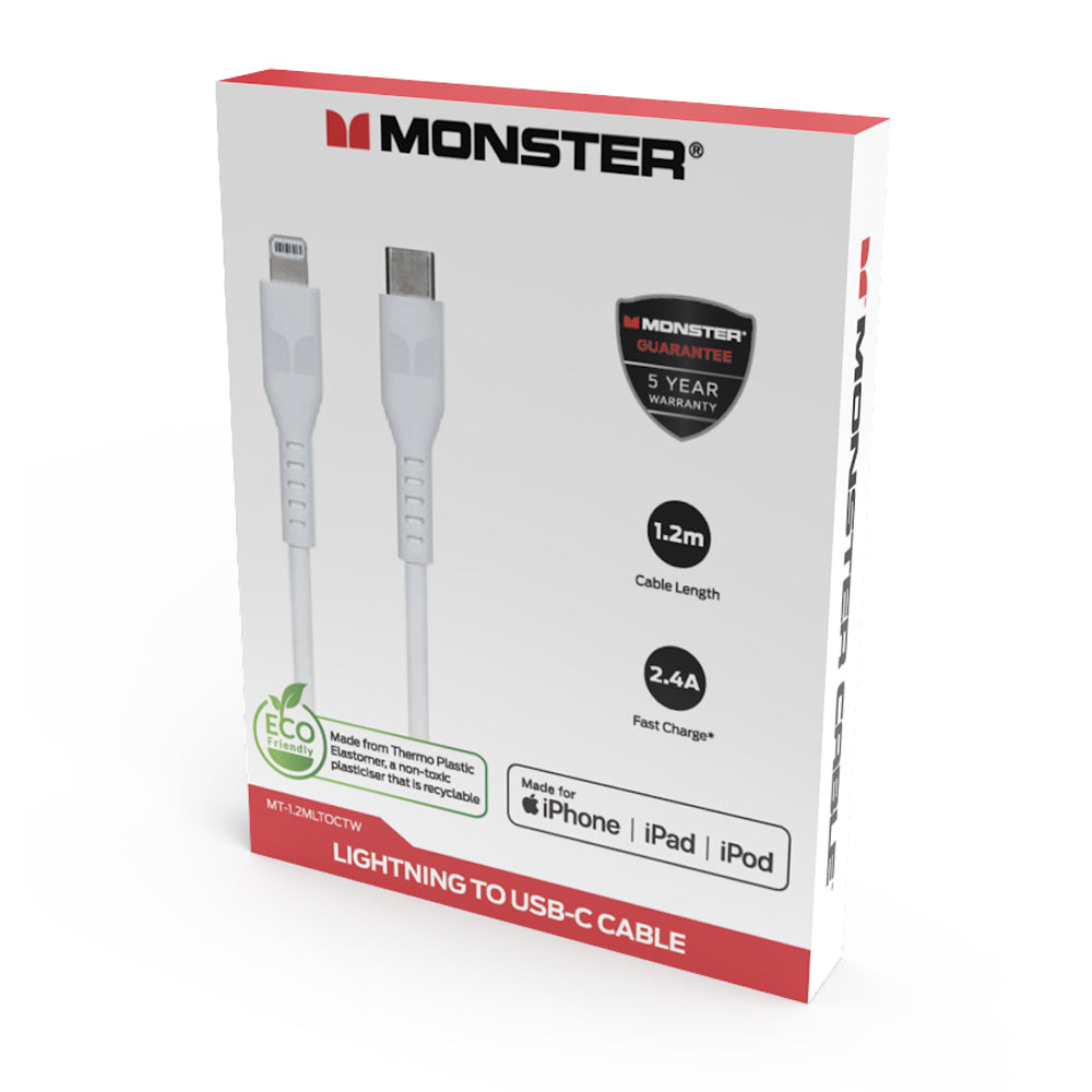 Monster TPE 1.2M Lightning to USB-C WHT Phone Charging/Sync Cable