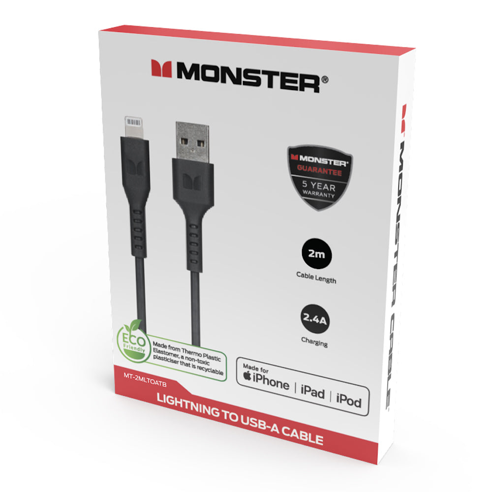 Monster TPE 2M Lightning to USB-A BLK Phone Charging/Sync Cable