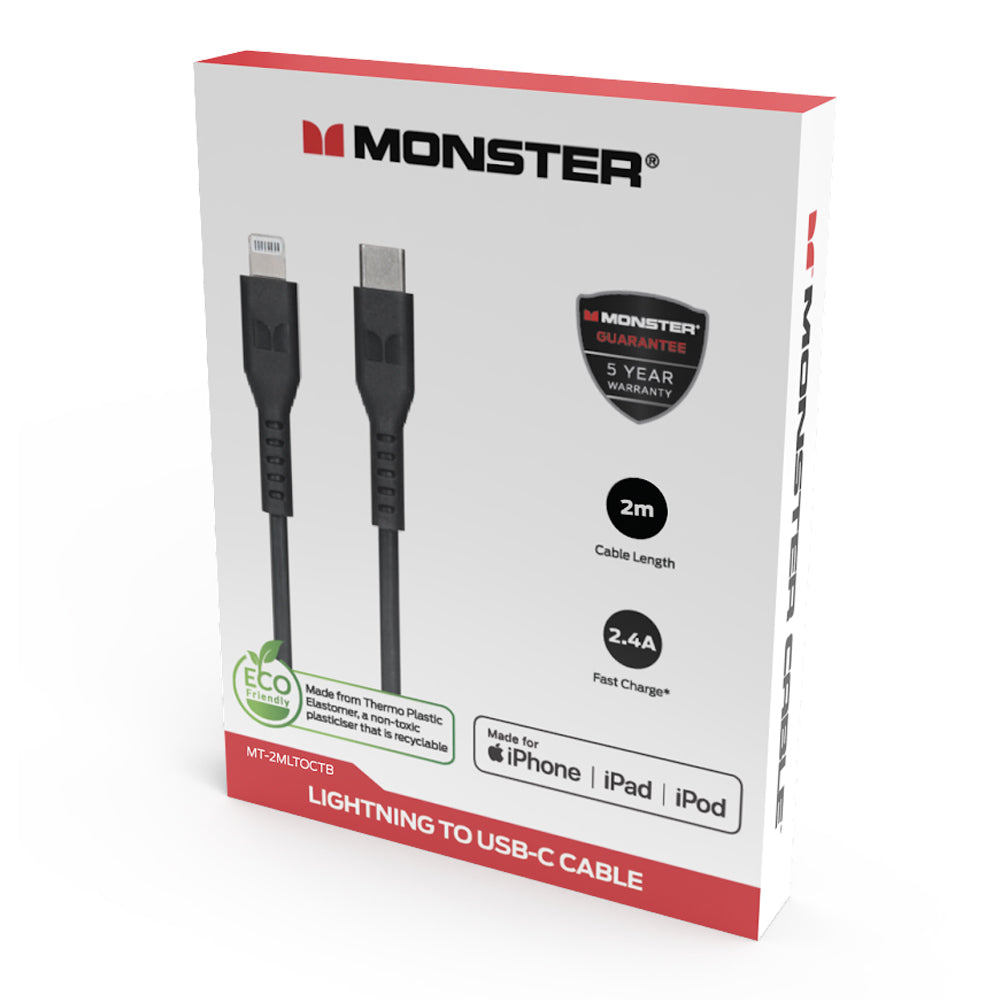 Monster TPE 2M Lightning to USB-C BLK Phone Charging/Sync Cable