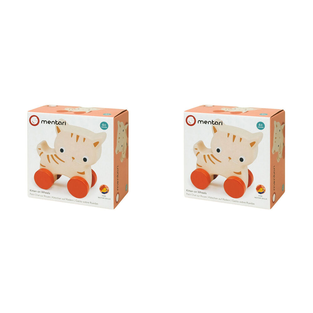 2PK Mentari Kitten On Wheels Pull Along Kids 11cm Wooden Toy 6m+