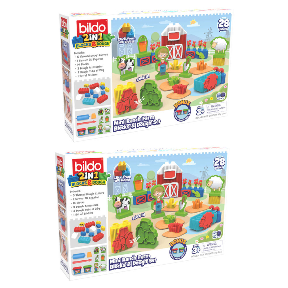 2PK Bildo Mini Ranch Farm Blocks & Dough Set Kids Educational Toy 3y+
