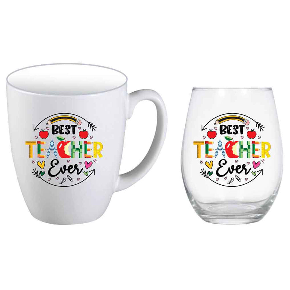 2pc Best Teacher Ever Pencil 400ml Mug & Stemless Wine Glass Set White