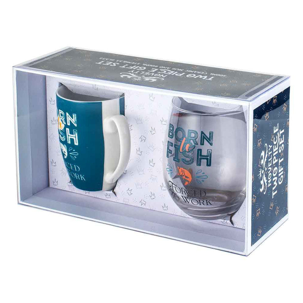 2pc Born to Fish Forced to Work 400ml Mug & Stemless Wine Glass Set