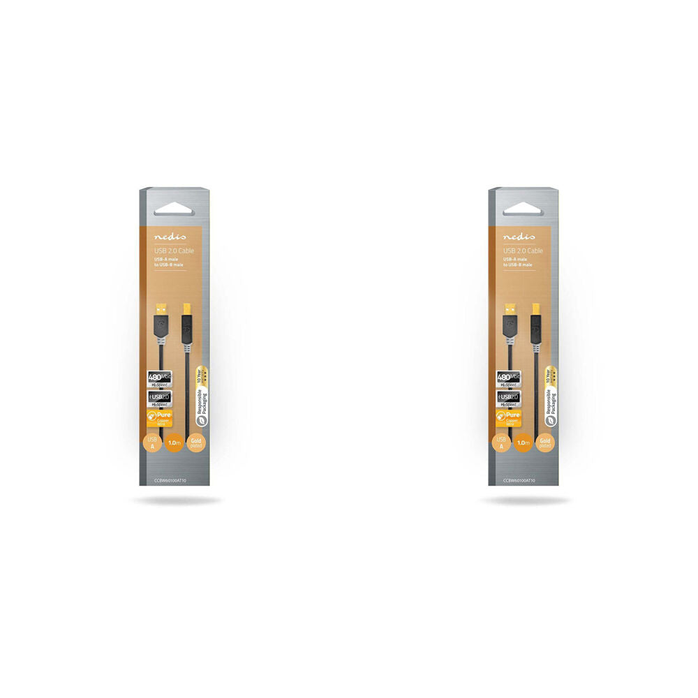2PK Nedis USB Cable USB-A Male to USB-B Male 1.00m - Grey