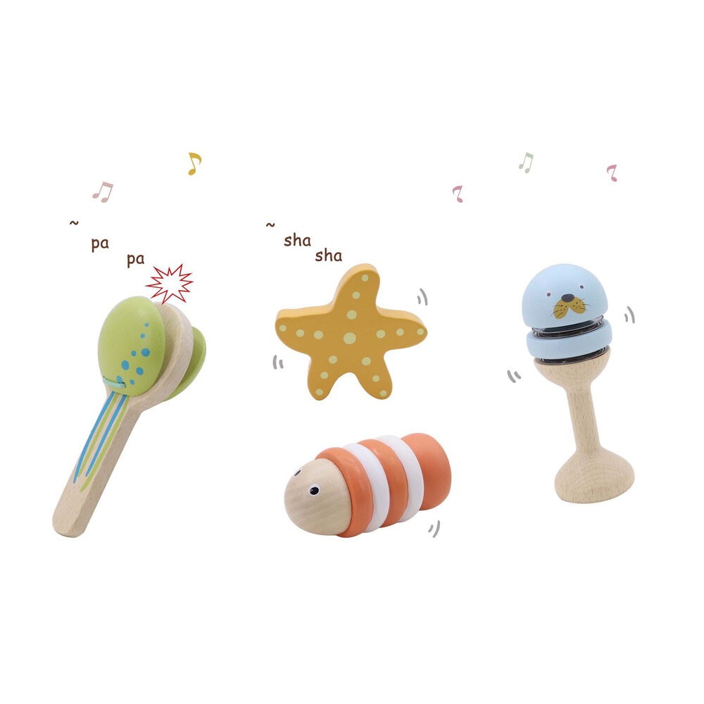 4pc Kaper Kidz Wooden Ocean Musical Shaker Kids Toy Set 18m+