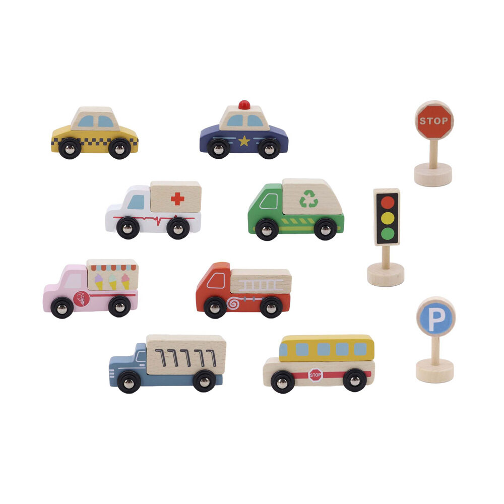 Kaper Kidz Wooden Cars Transportation Box & Street Signs Kids Toy Set 3y+