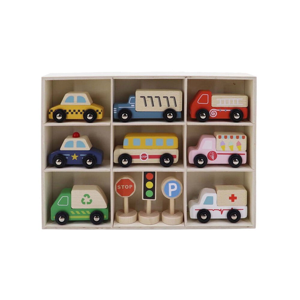 Kaper Kidz Wooden Cars Transportation Box & Street Signs Kids Toy Set 3y+