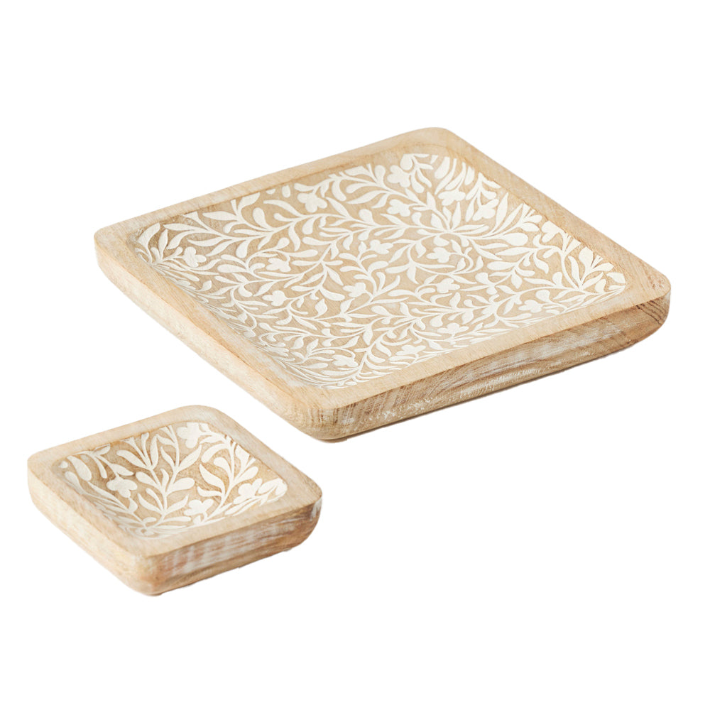 2PK 2pc Pilbeam Living Wooden Ambretta Trinket Plates Set Home Decor White Wash