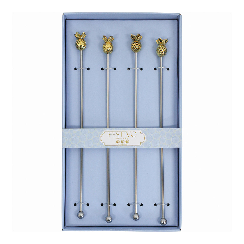 2x LVD 4pc Metal 22cm Cocktail Stirrer Pineapple Set - Silver/Gold