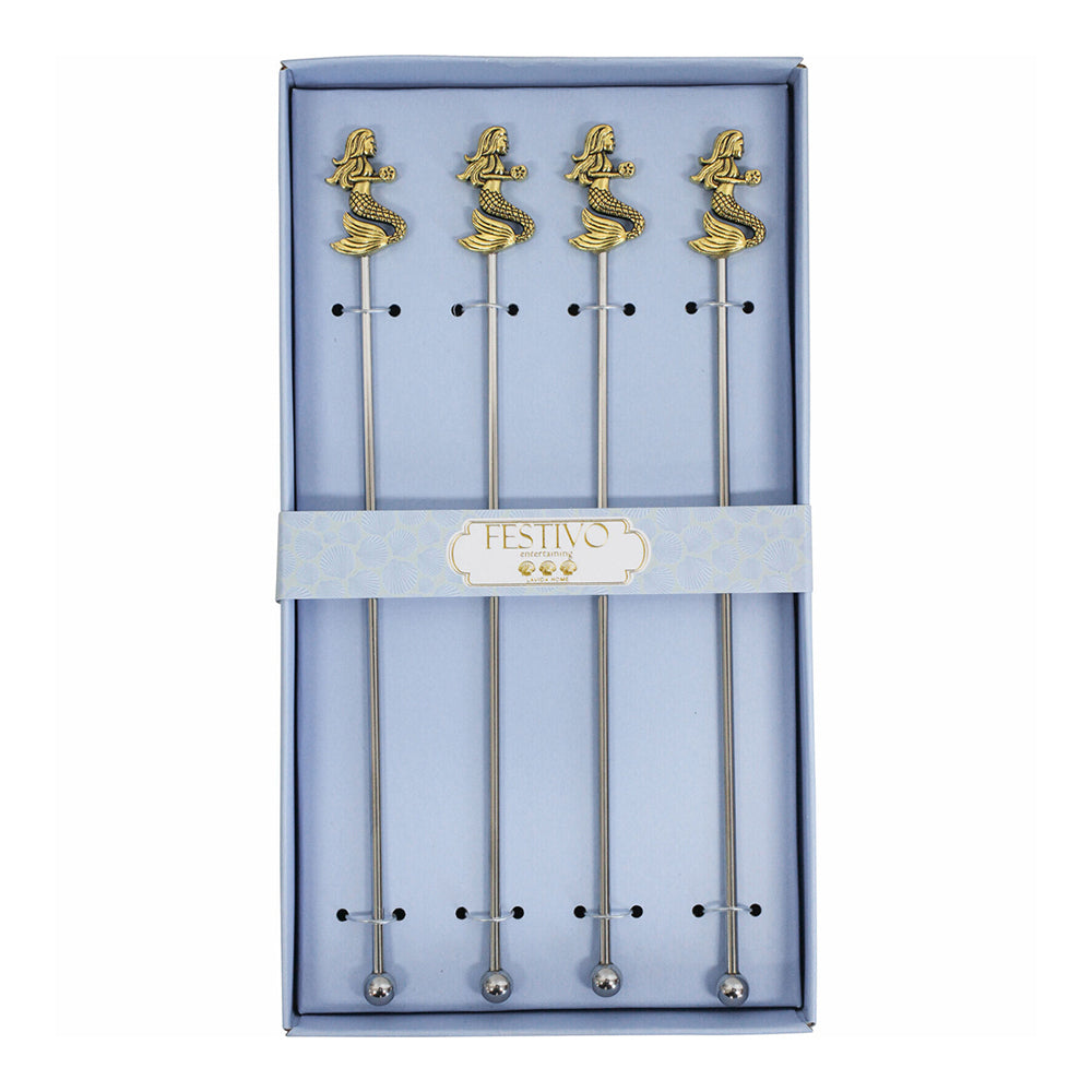 2x LVD 4pc Metal 22cm Cocktail Stirrer Mermaid Set - Silver/Gold