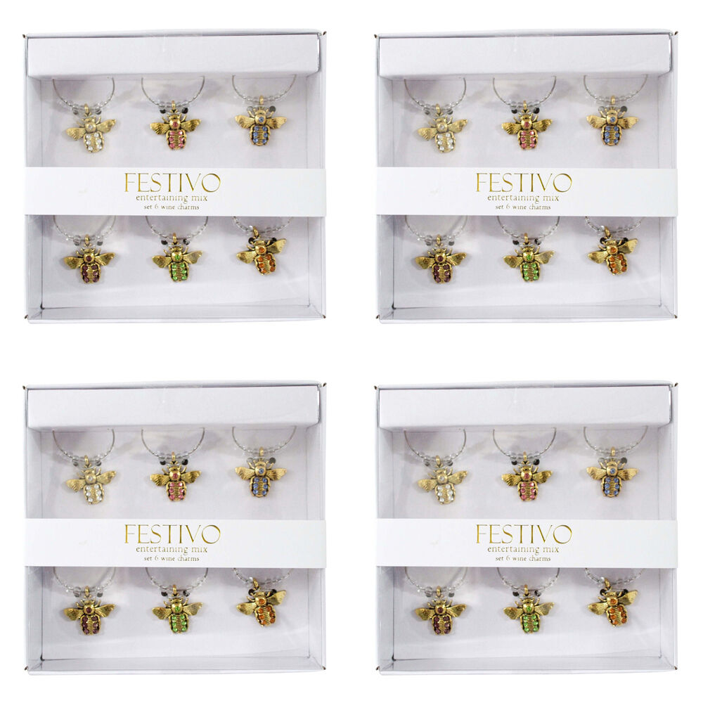 4x 6pc LVD Jewelled Bee Alloy Wine Glass Charm Set 13x12cm Multicoloured