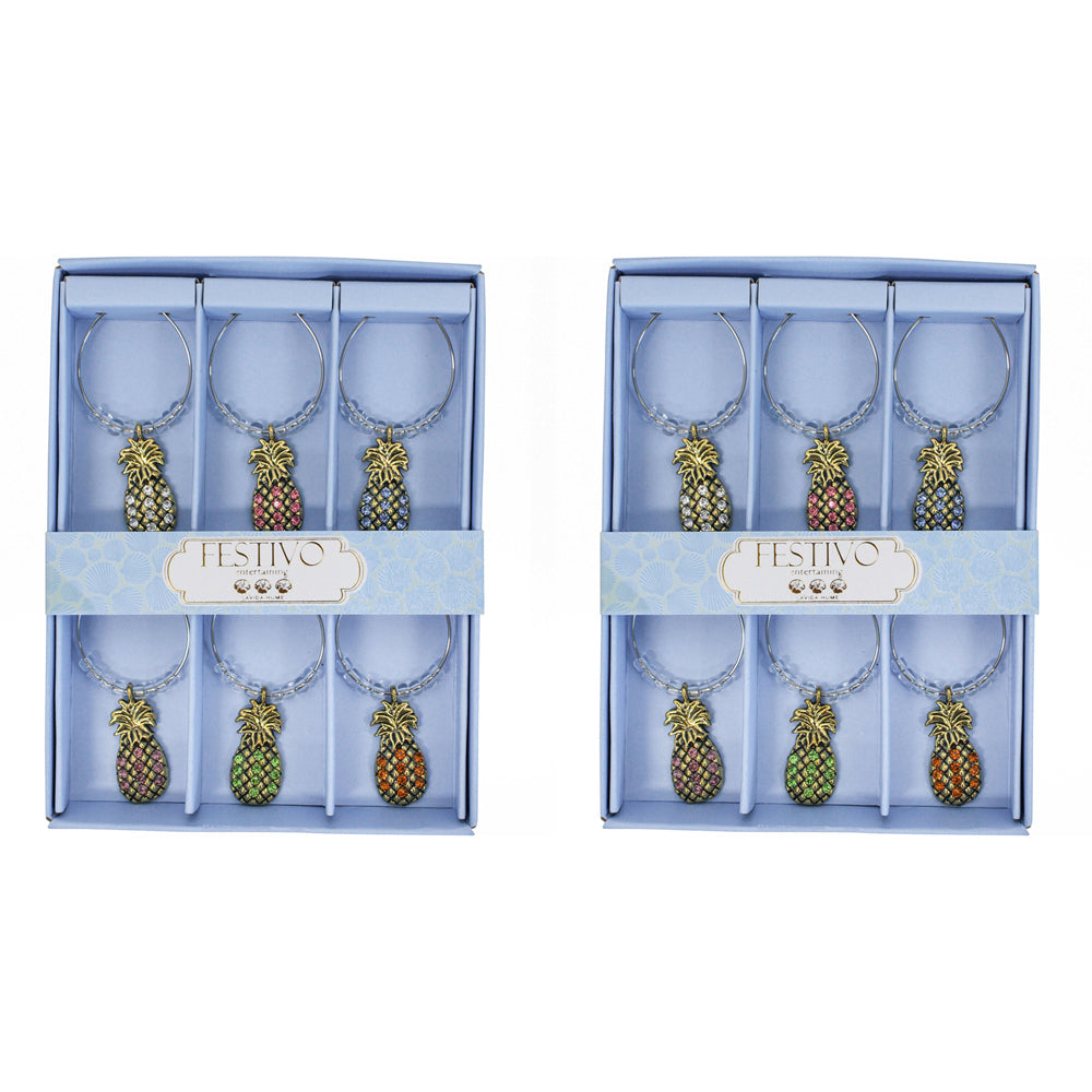 2x LVD 6pc Metal 13cm Wine Charms Pineapple Bottle Tag/Marker Set