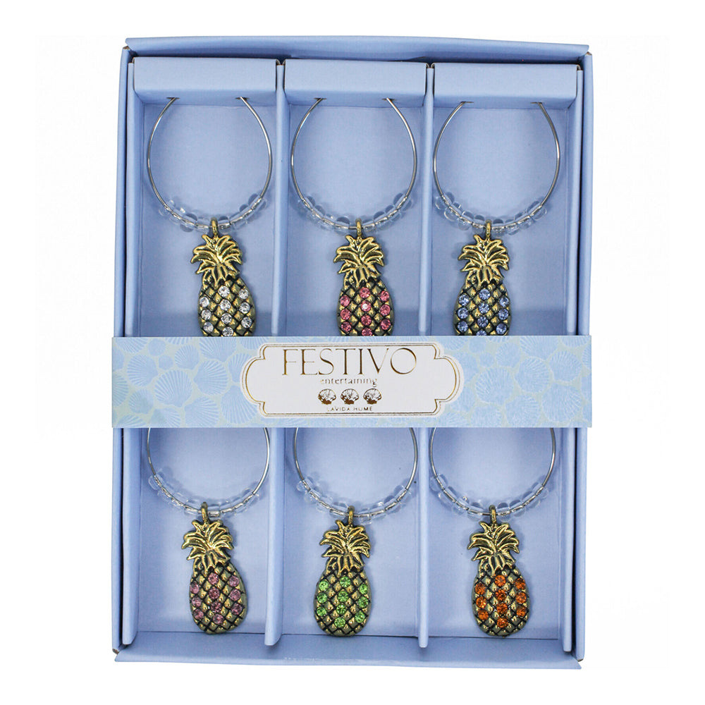 2x LVD 6pc Metal 13cm Wine Charms Pineapple Bottle Tag/Marker Set