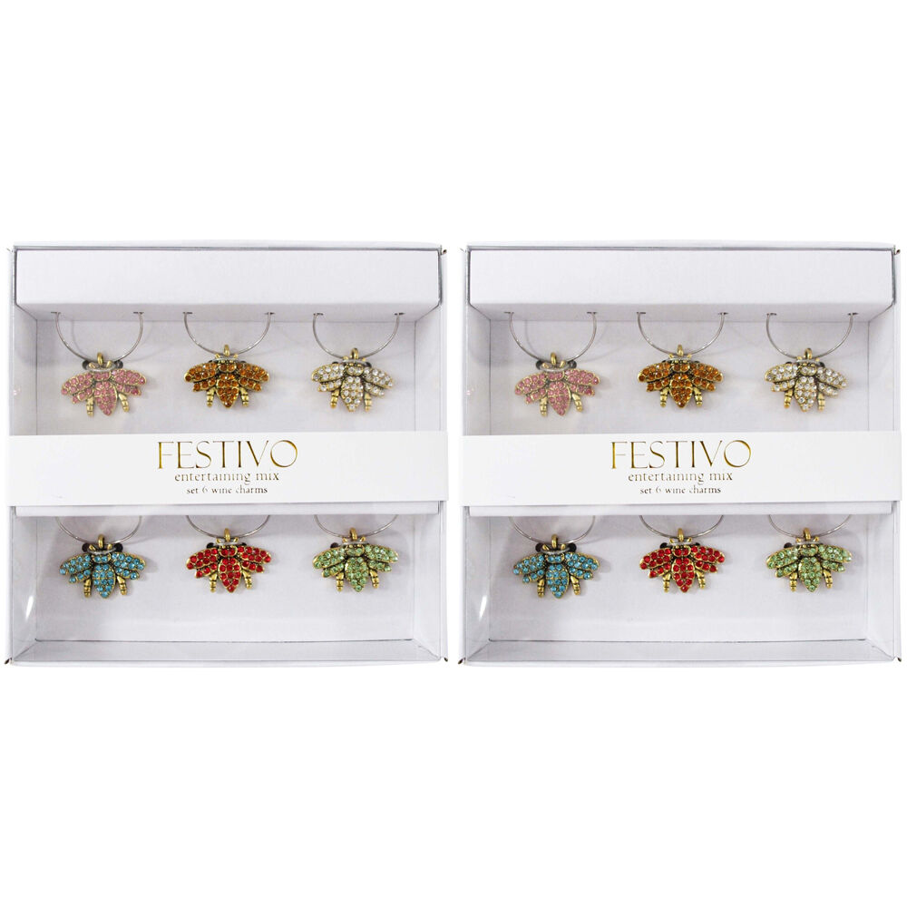2x 6pc LVD Bumble Bee Alloy Wine Glass Charms Set 13x12cm Multicoloured
