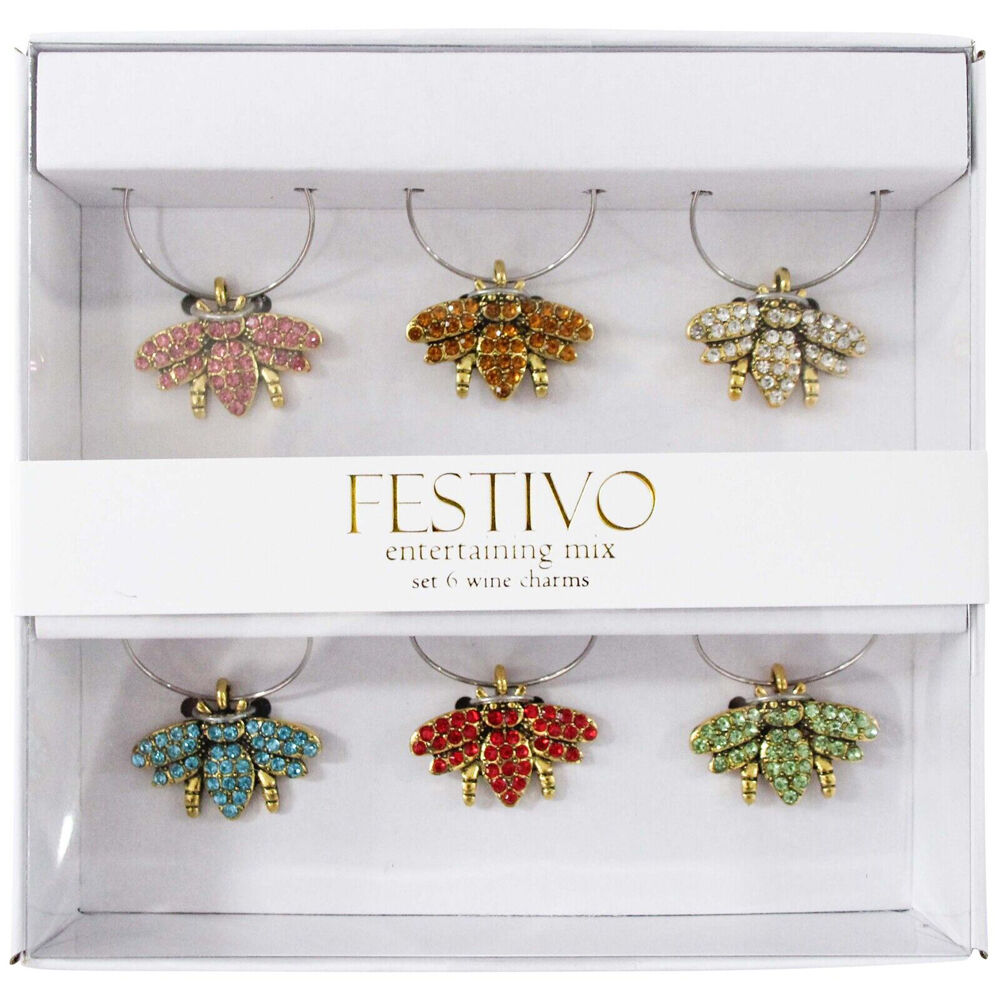 2x 6pc LVD Bumble Bee Alloy Wine Glass Charms Set 13x12cm Multicoloured