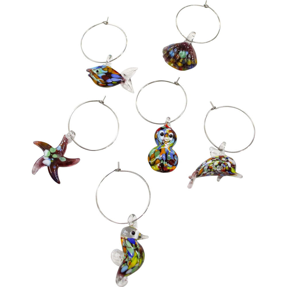 2x 6pc LVD Glass Ocean-Themed Alloy Wine Charms Set 13x12cm Multicoloured