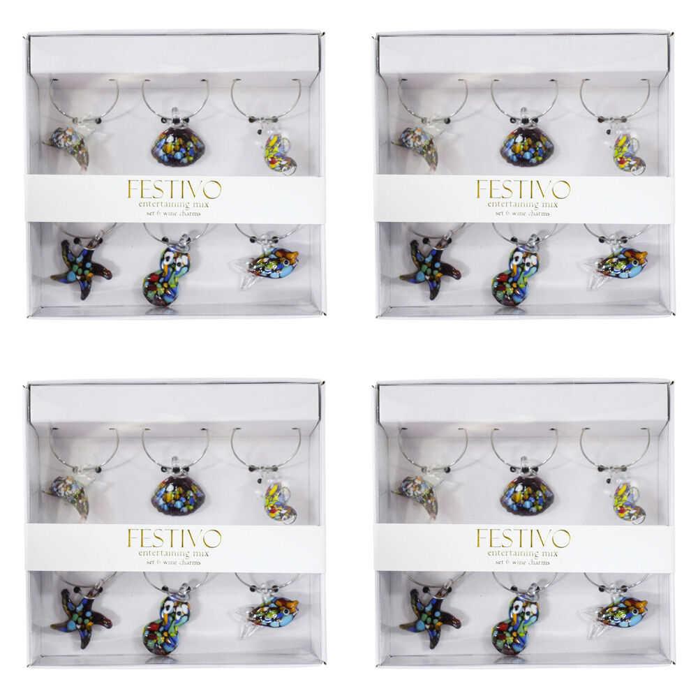 4x 6pc LVD Glass Ocean-Themed Alloy Wine Charms Set 13x12cm Multicoloured