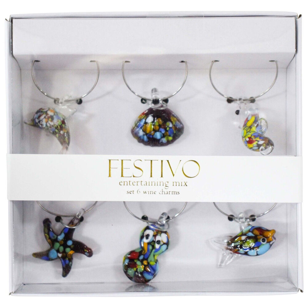 4x 6pc LVD Glass Ocean-Themed Alloy Wine Charms Set 13x12cm Multicoloured