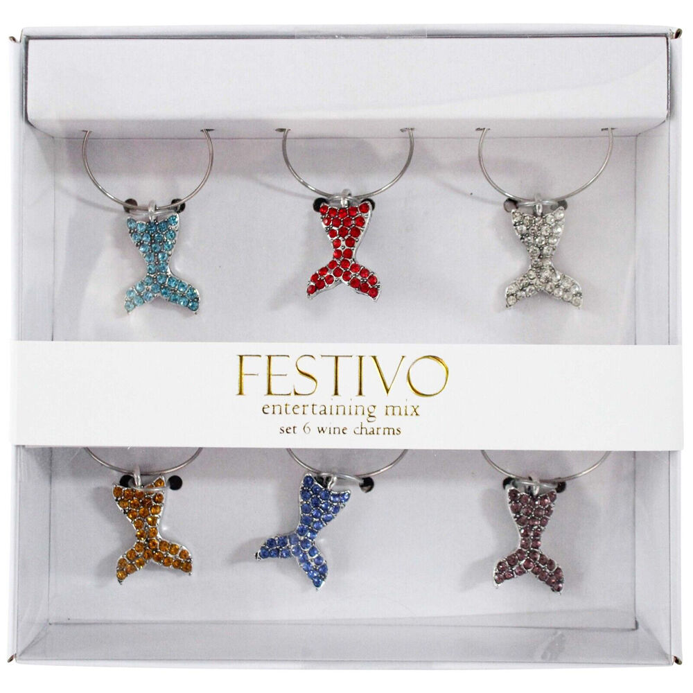 2x 6pc LVD Whale Tails Alloy Wine Glass Charms Set 13x12cm Multicoloured
