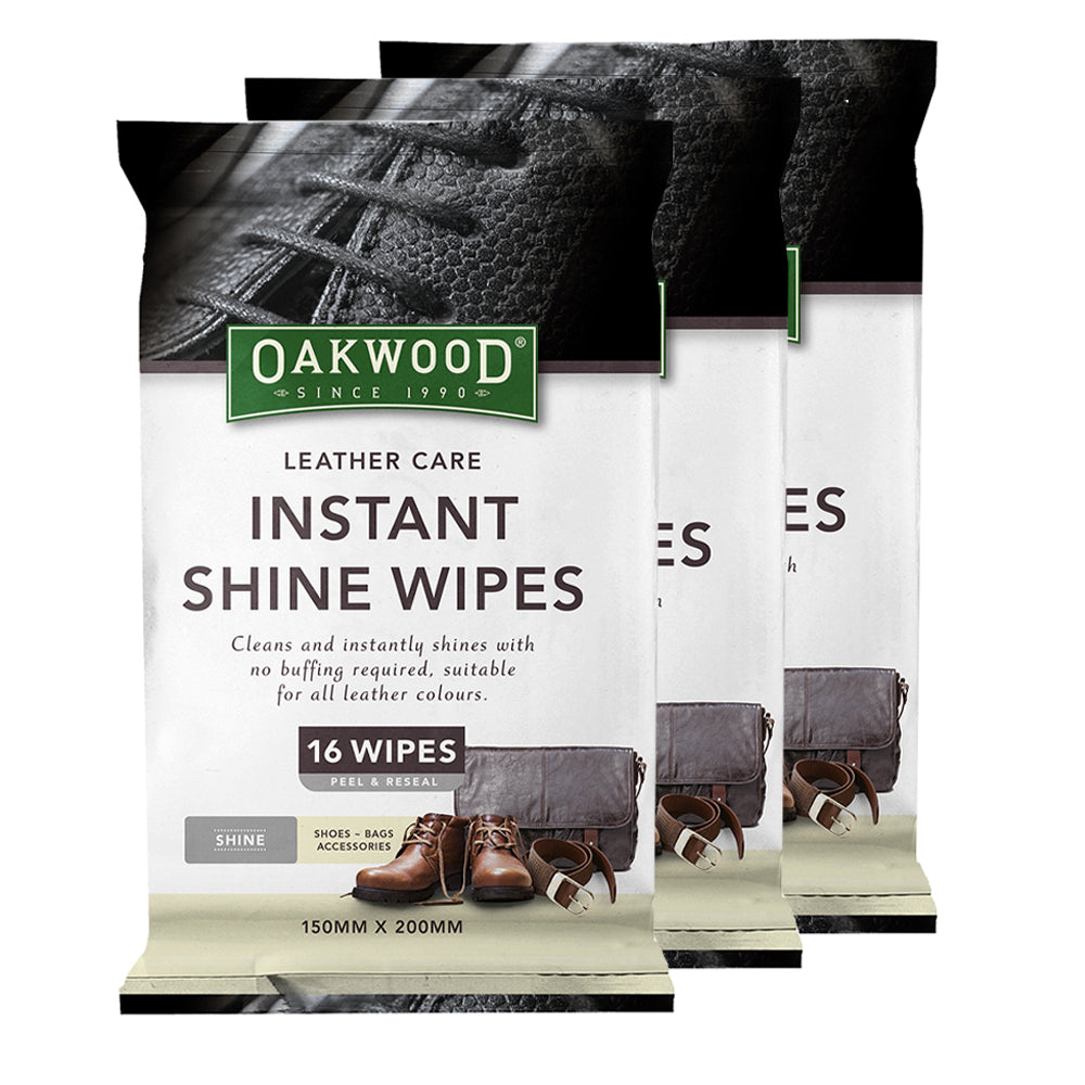 3 x 16pc Oakwood Leather Care Instant Shine Wipes 15 x 20cm