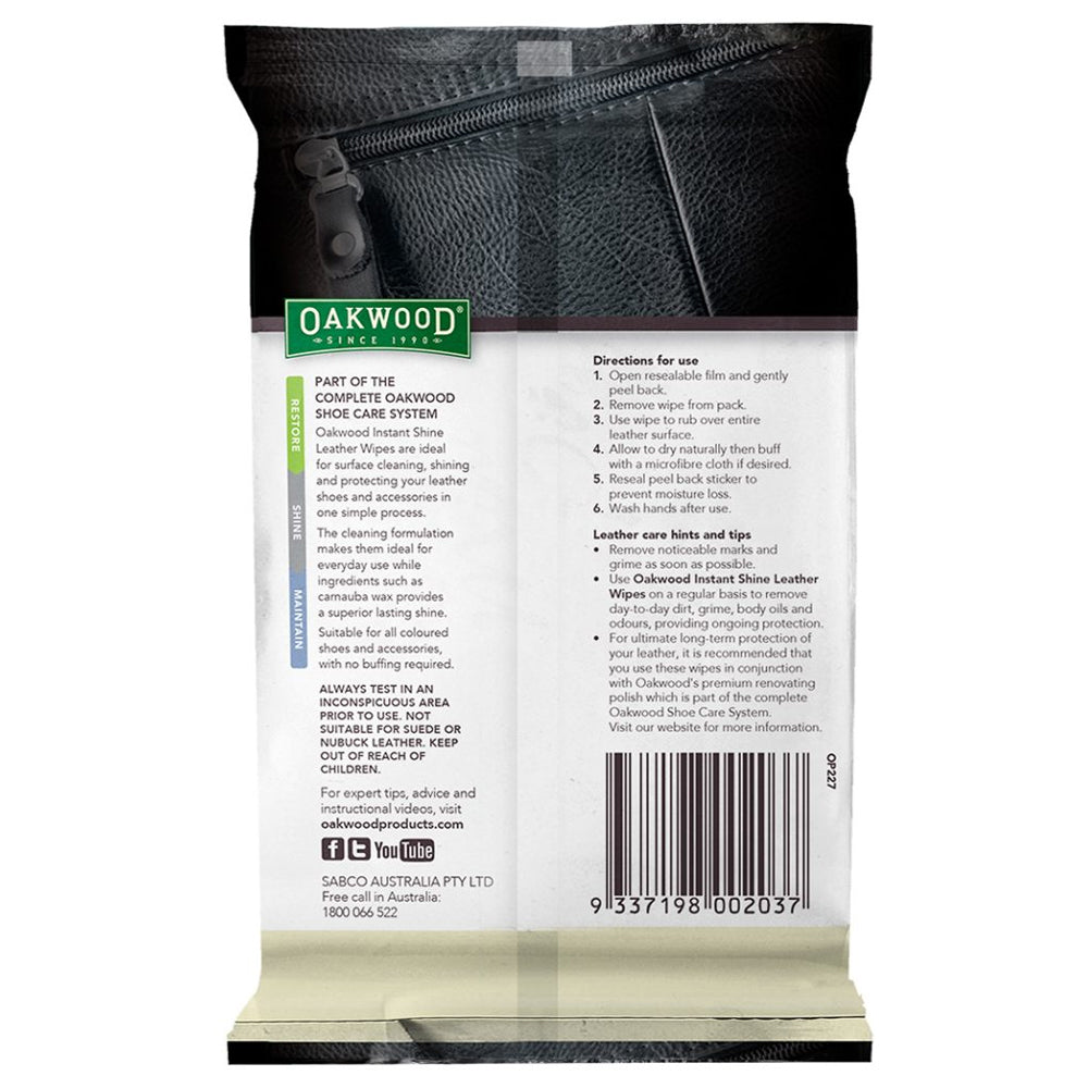 3 x 16pc Oakwood Leather Care Instant Shine Wipes 15 x 20cm
