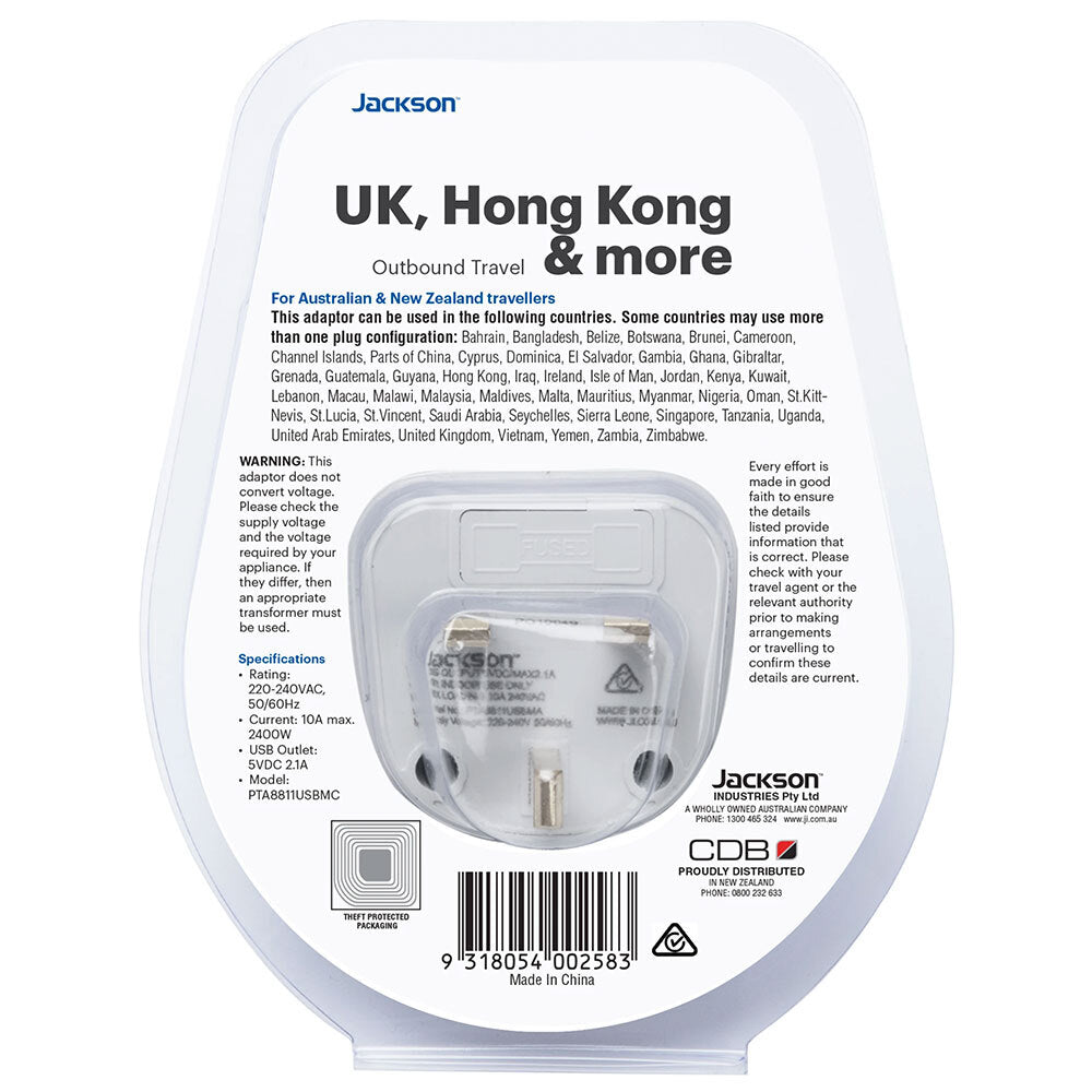 Jackson Outbound Travel Adaptor UK & Hong Kong with USB Type A/C