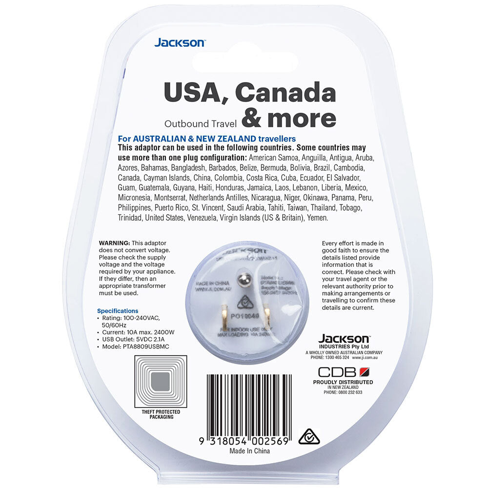 Jackson Outbound Travel Adaptor USA & Canada w/ USB Type A/C