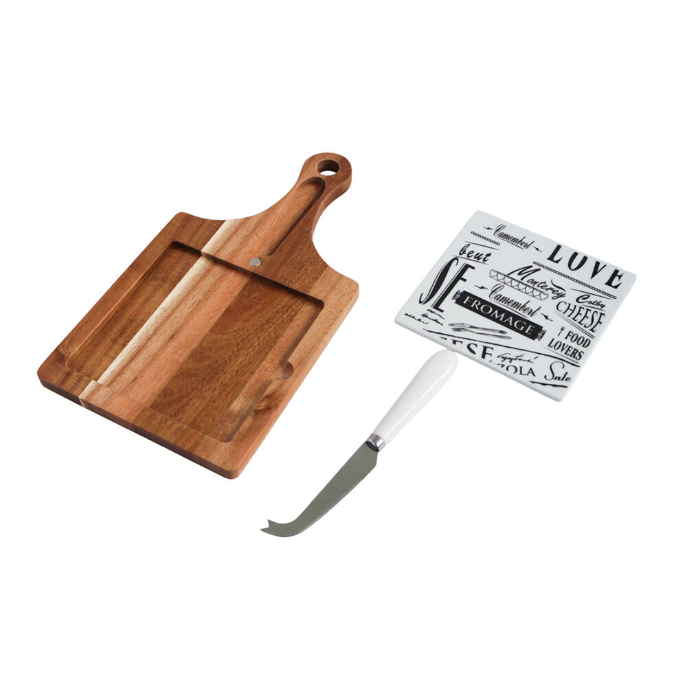 3pc NF Living Acacian Square Set 34x19 Cheese Board Wood Ceramic Beige
