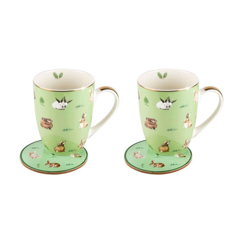 2PK LMD Bunnies Farm Lane New Bone China Coffee Mug w/ Coaster 360ml - Green