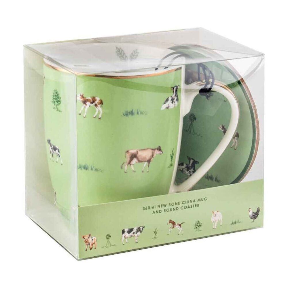 2PK LMD Cows Farm Lane New Bone China Coffee Mug w/ Coaster 360ml - Green