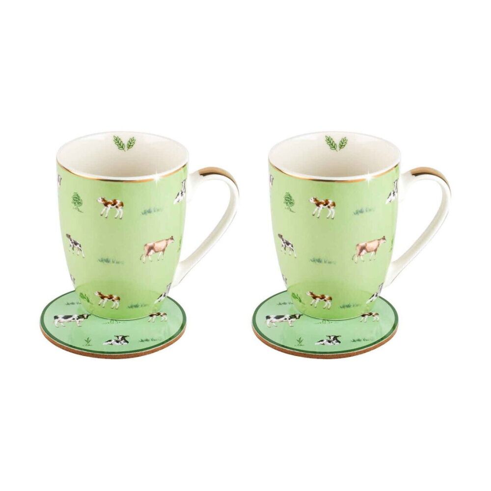 2PK LMD Cows Farm Lane New Bone China Coffee Mug w/ Coaster 360ml - Green