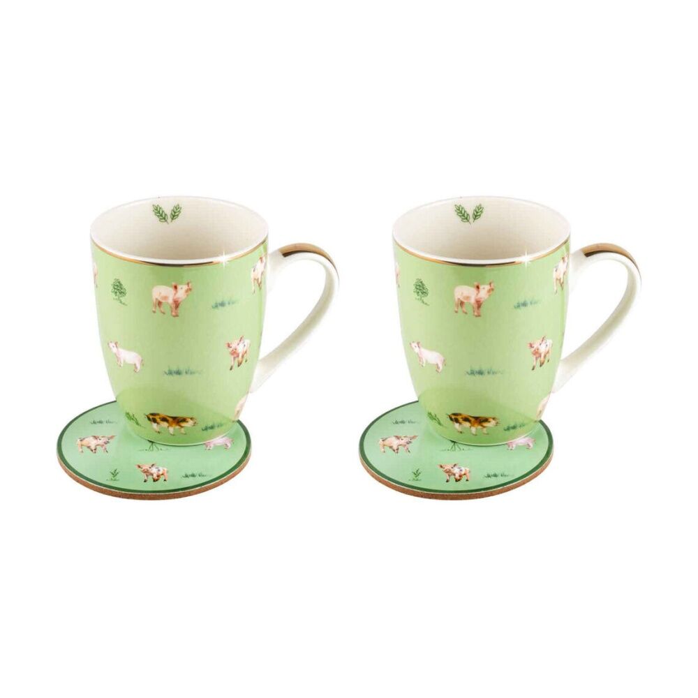 2PK LMD Pigs Farm Lane New Bone China Coffee Mug w/ Coaster 360ml - Green
