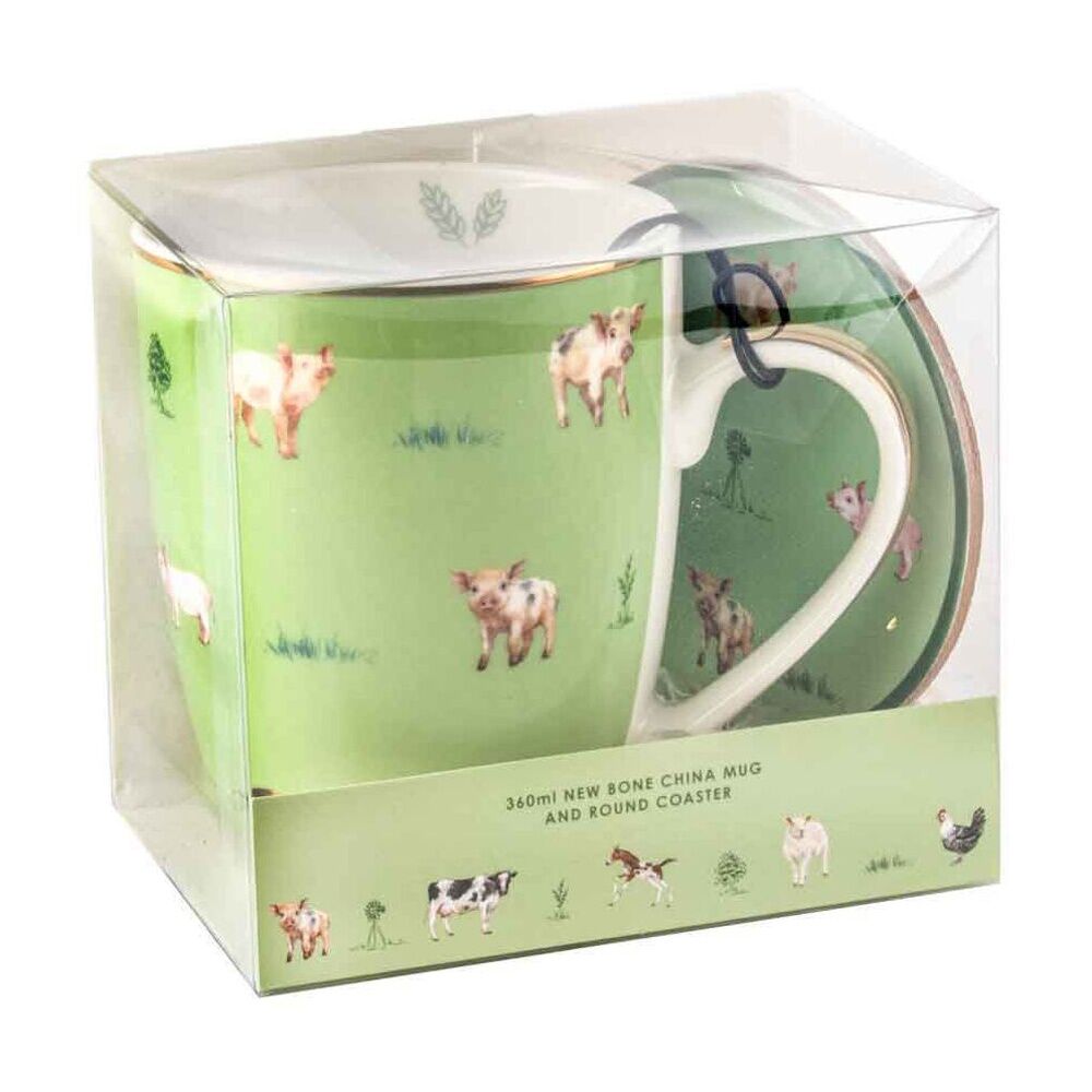 2PK LMD Pigs Farm Lane New Bone China Coffee Mug w/ Coaster 360ml - Green