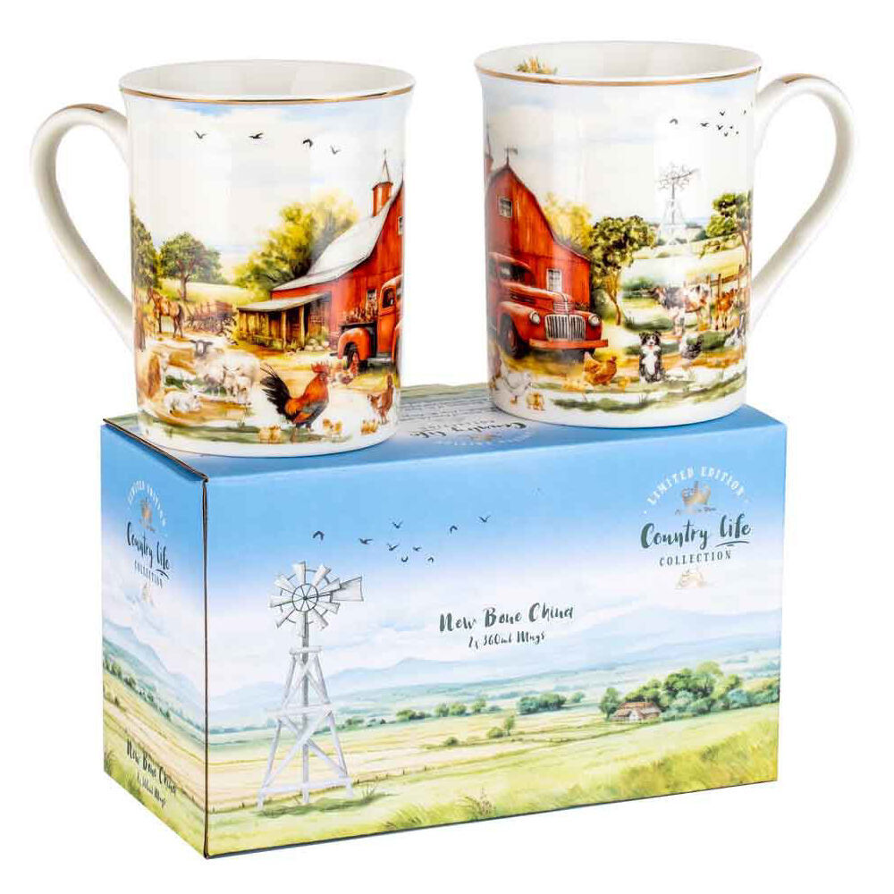 2x 2pc LMD Country Life New Bone China Coffee Mug 360ml - Red Truck