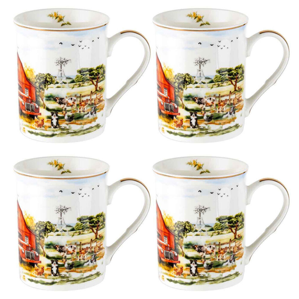 2x 2pc LMD Country Life New Bone China Coffee Mug 360ml - Red Truck