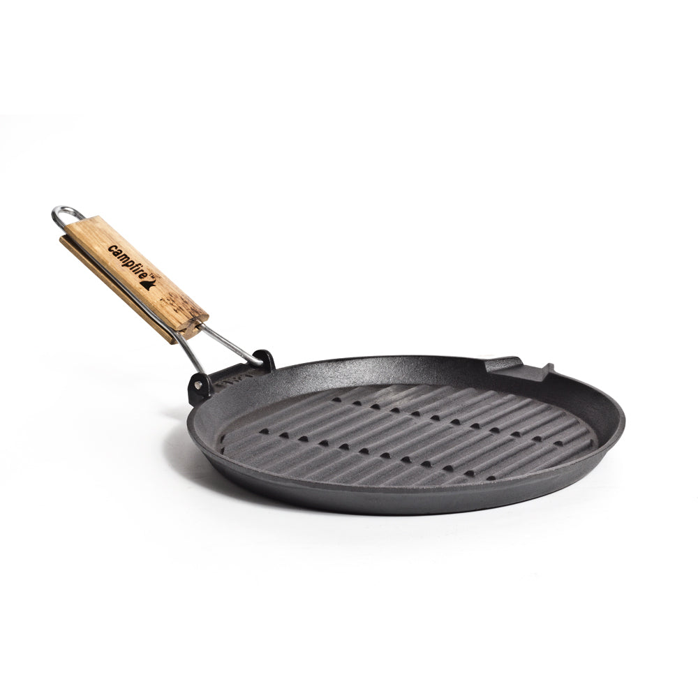 Campfire 27cm Round Cast Iron Grill Pan Folding Handle Grey
