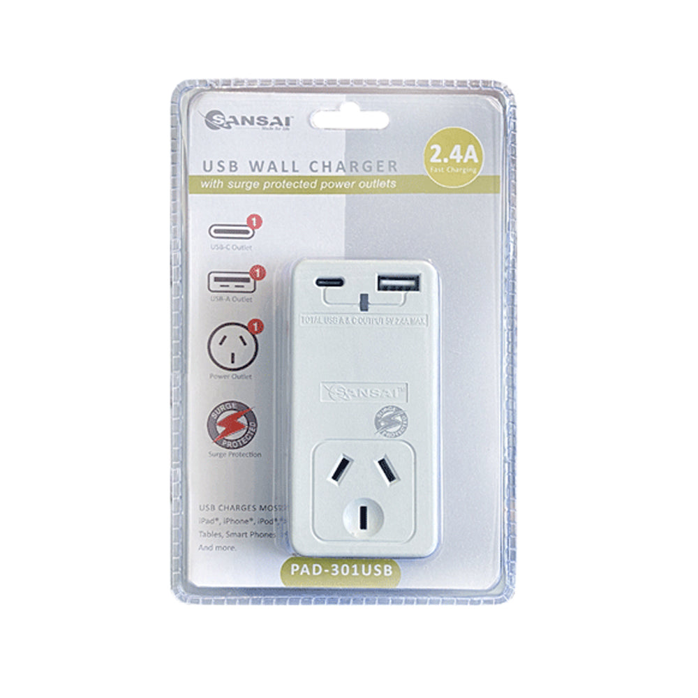 2x Sansai 2.4A USB Wall Socket Adaptor Charger w/USB-A/USB-C White