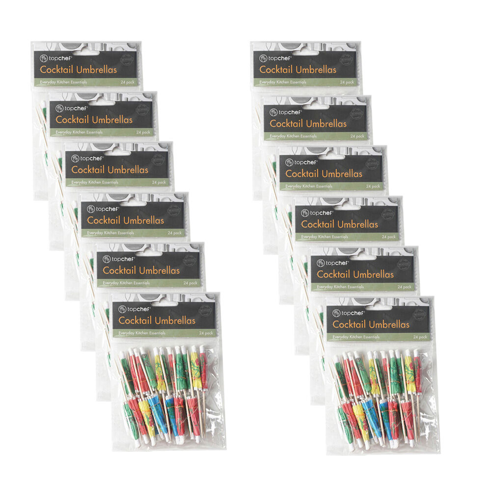 12x 24pc Topchef Paper Toothpick Cocktail Umbrellas Multicoloured Assorted