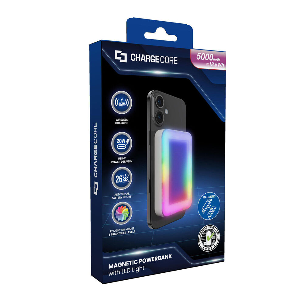 ChargeCore Laser Magnetic MagSafe Powerbank w/ Selfie RGB LED 5000mAh White