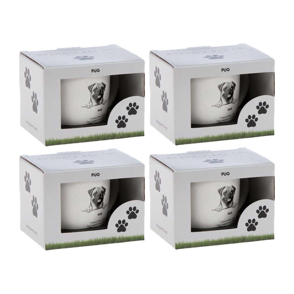 4PK Bramble Bay Pug Dog Print Novelty/Coffee Mug White