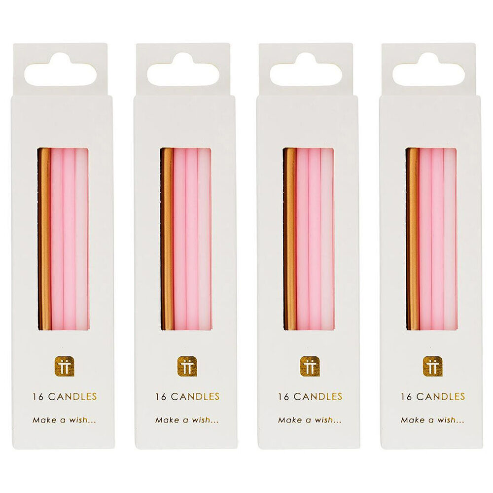 4x 16pc Talking Tables Straight Birthday Candles Party Decoration 10cm Pink