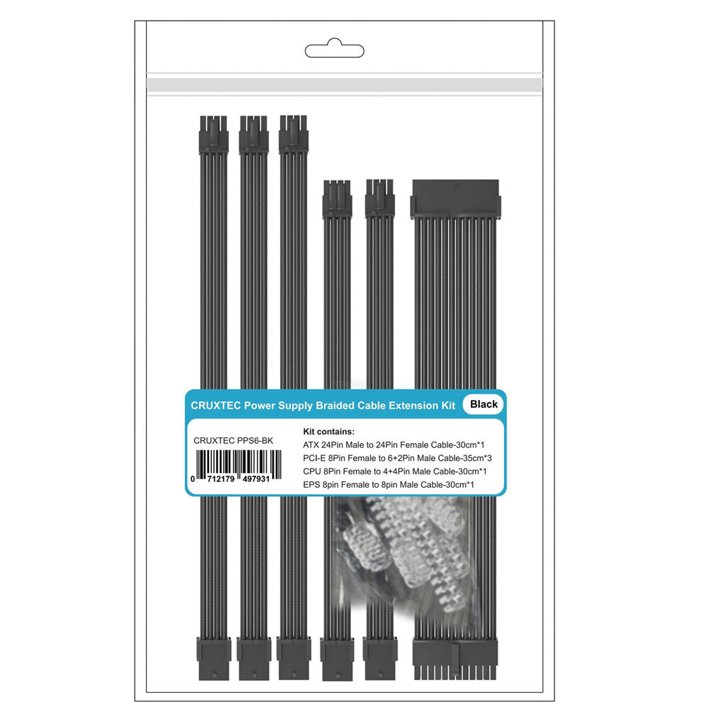 Cruxtec PPS6-BK Sleeved Extension Cable Kit w/ Buckle Set Black