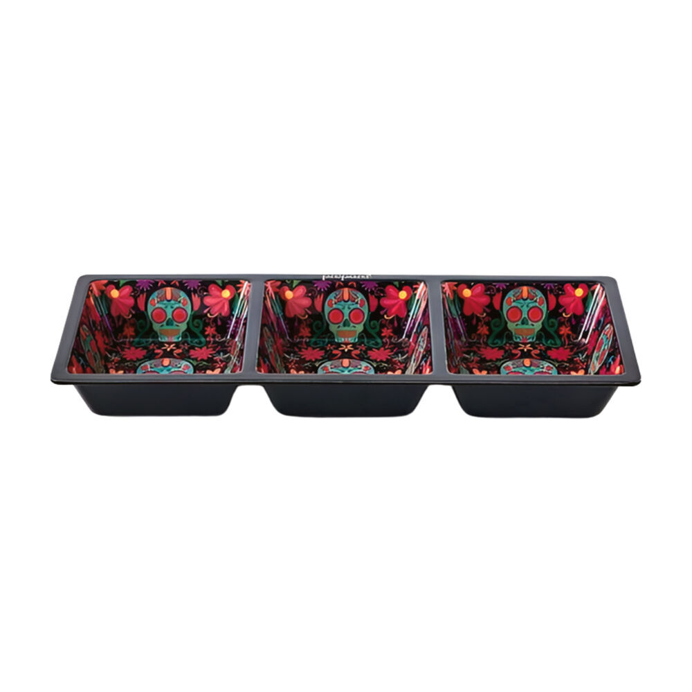 2PK Prepara Melamine 3-Section Serving Saucer Tray Day of the Dead Ed 37x15cm Black