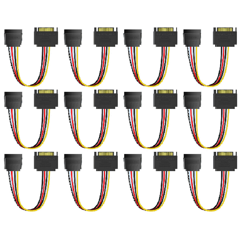 12PK Cruxtec SATA Power Extender Cable 15pin Male to Female 20cm Black
