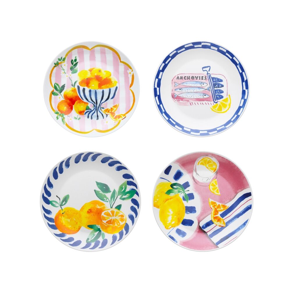 2x 4pc Porto Porcelain Positano Round Side Plates 20cm Assorted Designs