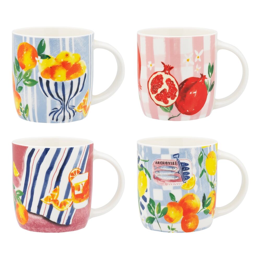 4pc Porto Porcelain Positano Mugs Drinking Cups 330ml Assorted Designs
