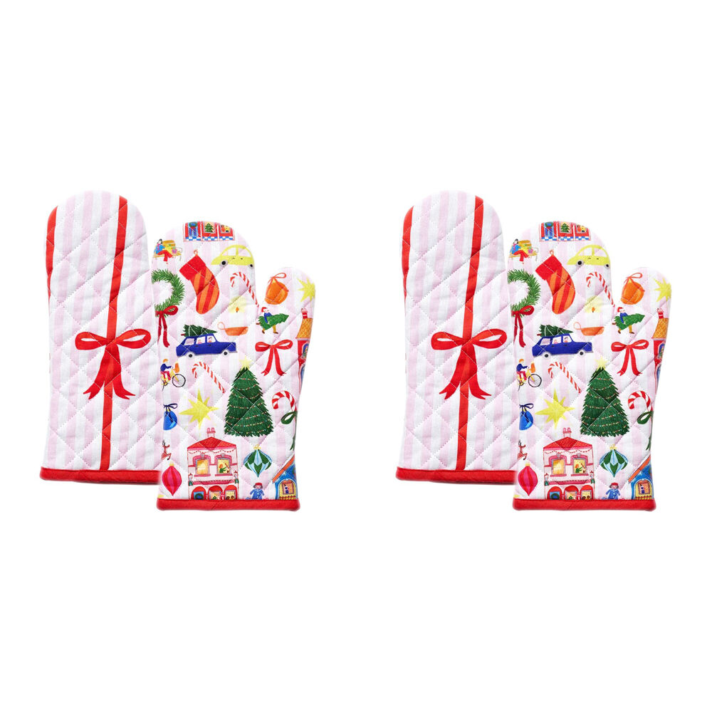 2x 2pc Porto 100% Cotton Night Before Oven Mitts 32x18cm Multi-Coloured
