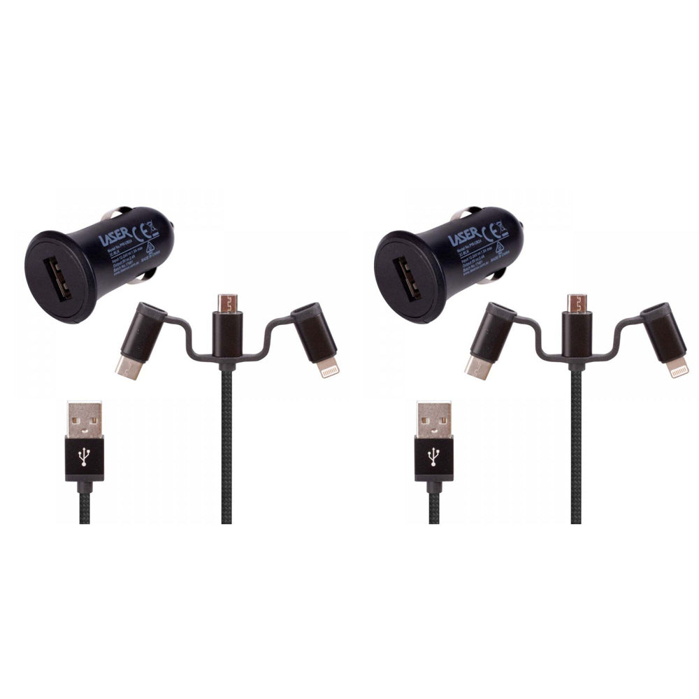 2PK Laser 2.4A USB Car Charger w/ 3in1 Charging Cable 50cm - Black