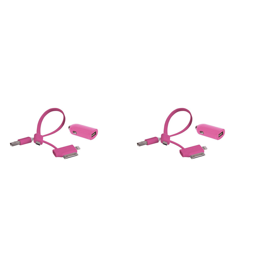 2PK Laser 2.4A USB Car Charger w/ 3in1 Cable Cord - Pink